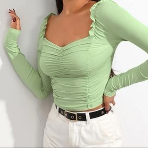 Green Ruched Long Sleeve Crop Top